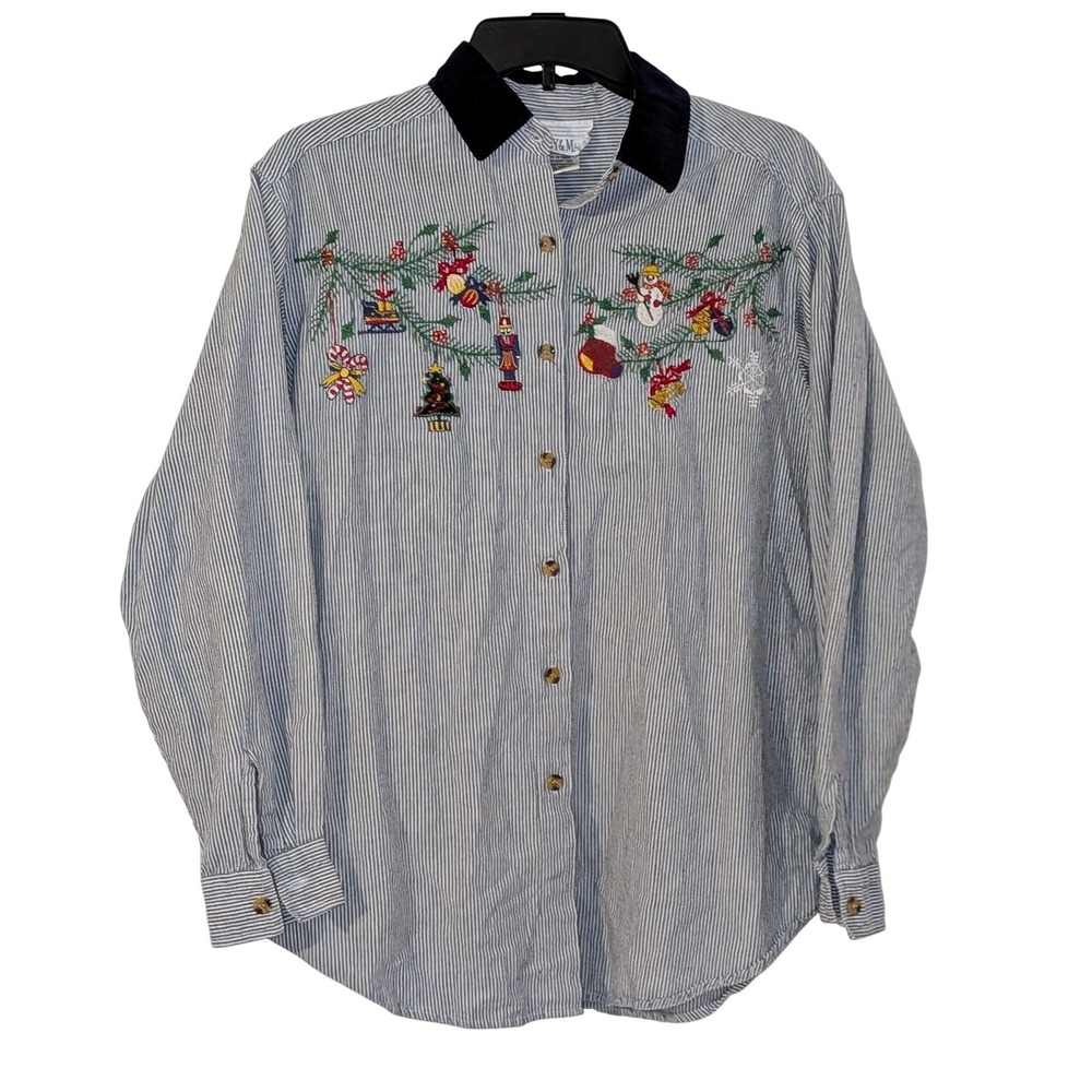 Casey & Max Vintage M‎ Blue Pinstripe Christmas Nutcracker Velvet Collar Shirt